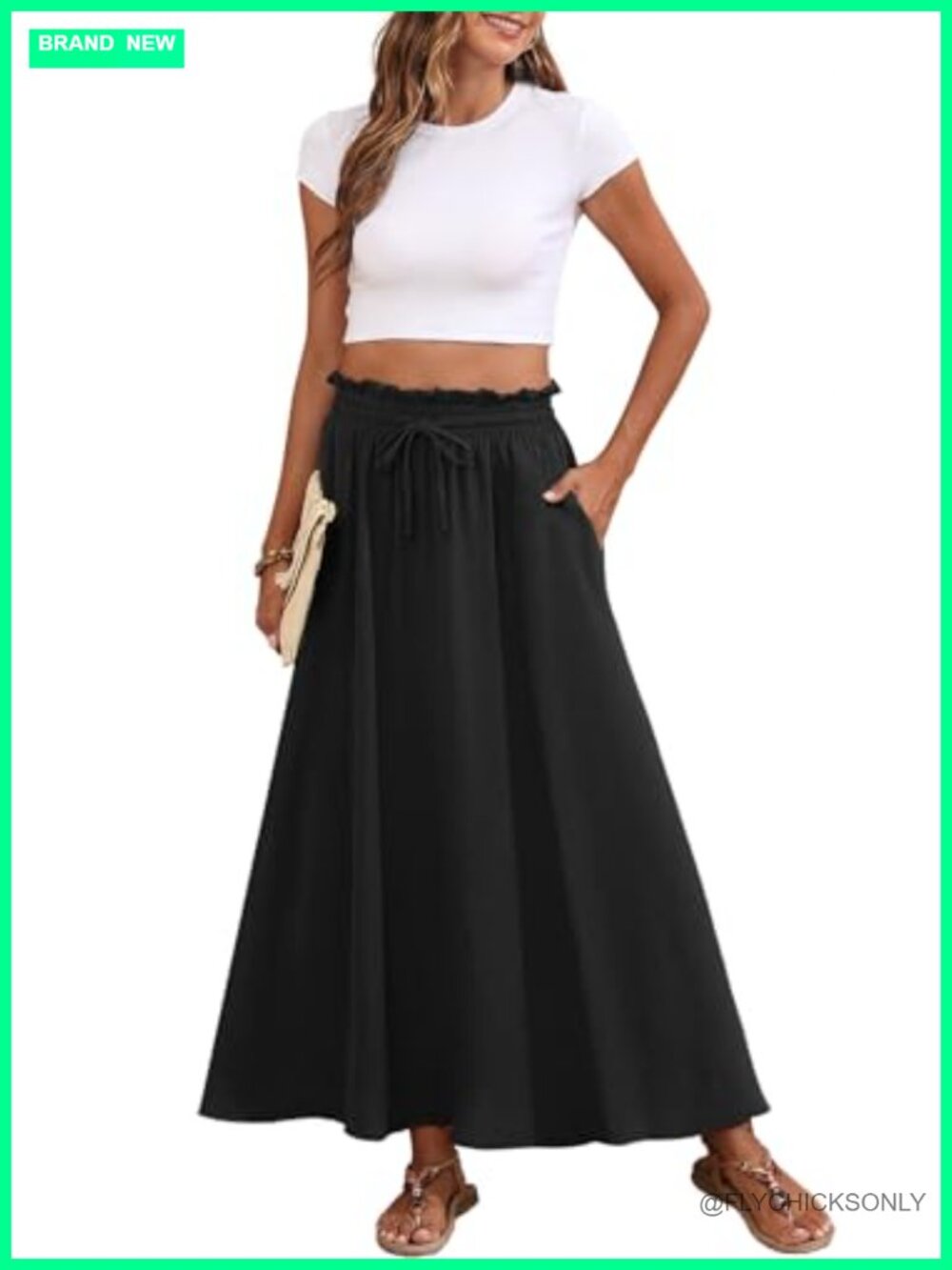 Womens Maxi Skirt Chiffon High Waisted Tie Knot Deep Pockets Flowy Summer Beach